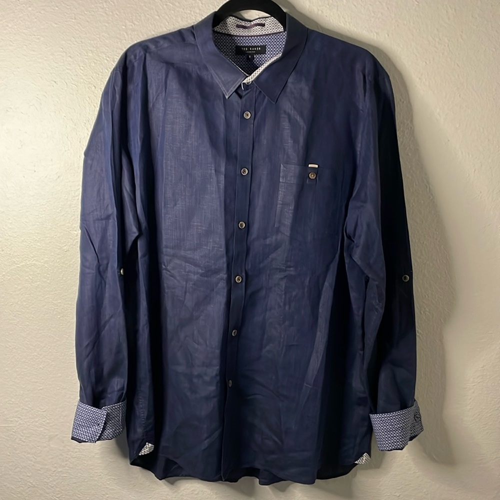 Ted Baker Mens Linen/Cotton Blend Navy Button Down Shirt (Size ‘6’/ 2XL)
